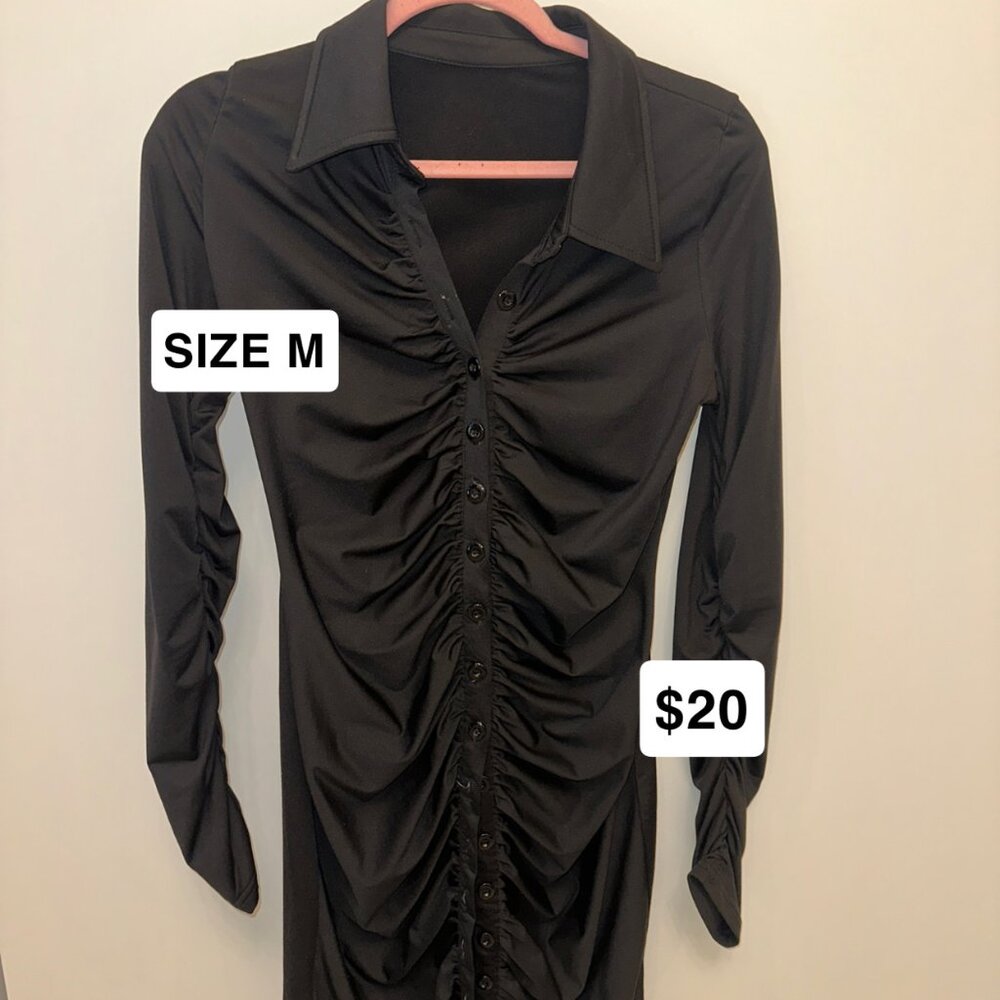 Black Ruched Button Down Dress